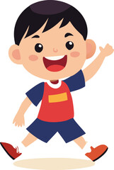 Joyful asian boy in red and blue outfit walking and waving