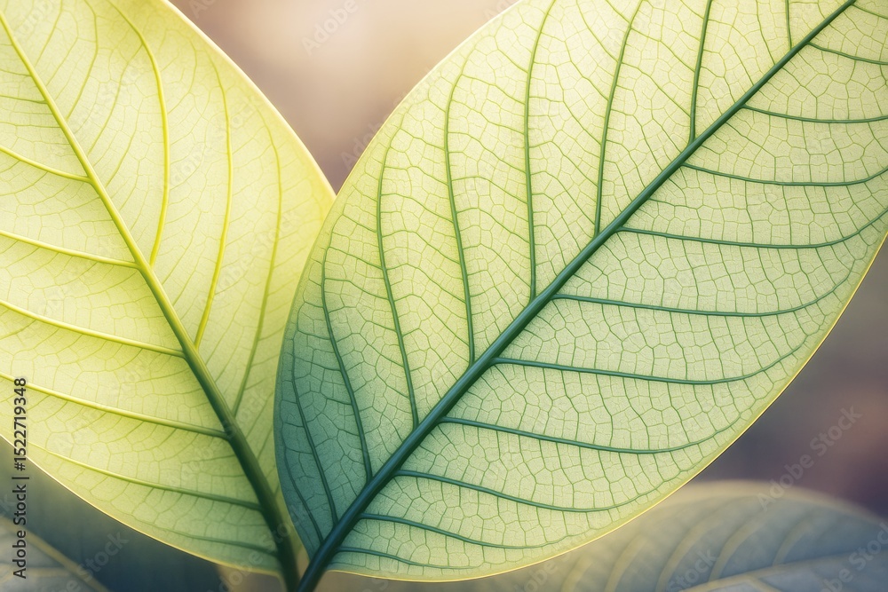 Poster Close-up of translucent green leaves with visible veins and soft sunlight in the background showing a nature and growth concept in 3D style.