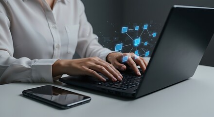 Man using laptop for communication with social media icons hovering over keyboard online connection and digital interaction concept