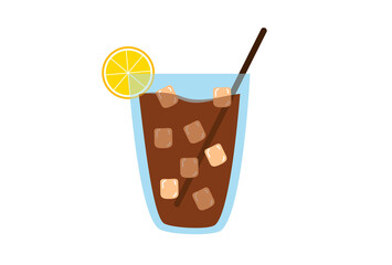 Iced tea with lemon slice and ice cubes illustration. Favorite refreshing drink in  summer.