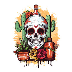 Mexican Celebrations: Cactus, Skull, and Tequila Bottle - Festive Cultural Elements