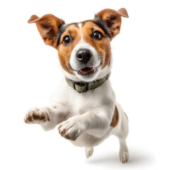 A joyful small dog leaps into the air, full of energy and enthusiasm, enjoying a playful moment in a bright environment