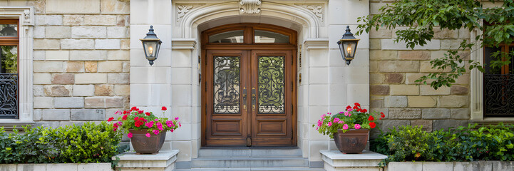 Obraz premium Elegant Stone Entrance with Ornate Wooden Double Door and Wrought Iron Panels