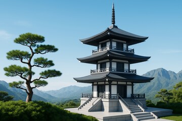 Traditional Japanese pagoda with curved roofs beside stylized pine tree in serene mountain landscape under clear blue sky background.