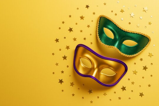 Colorful carnival masks with gold stars on vibrant yellow background for festive celebration and party decoration concept. - Powered by Adobe