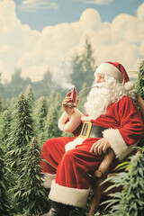 Relaxed Santa Claus smoking a pipe while sitting in a field of mature Cannabis plants under a cloudy sky.