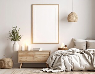 Cozy bedroom interior with blank frame candles and woven textures creating a warm inviting atmosphere