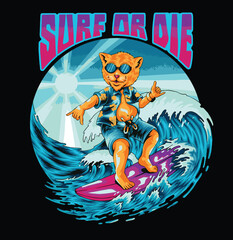 Cat Surfing in The Sea With Fun Vector Illustration