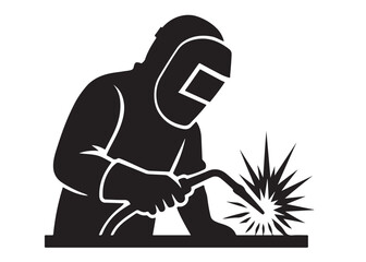 welding logo vector silhouette design, welder logo icon silhouette, vector silhouettes of workers welding metal, fabrication work vector silhouette logo design on white background