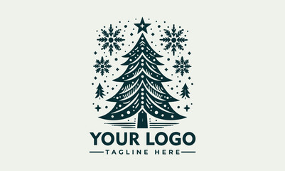 Decorated Christmas tree with star and ornaments, black and white vector illustration, festive holiday season art
