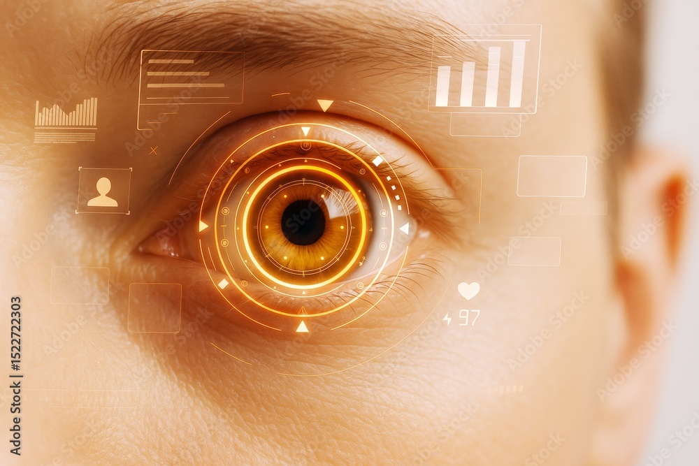 Poster Futuristic digital eye interface with glowing HUD elements over human iris on a soft light background showing science and technology concepts.