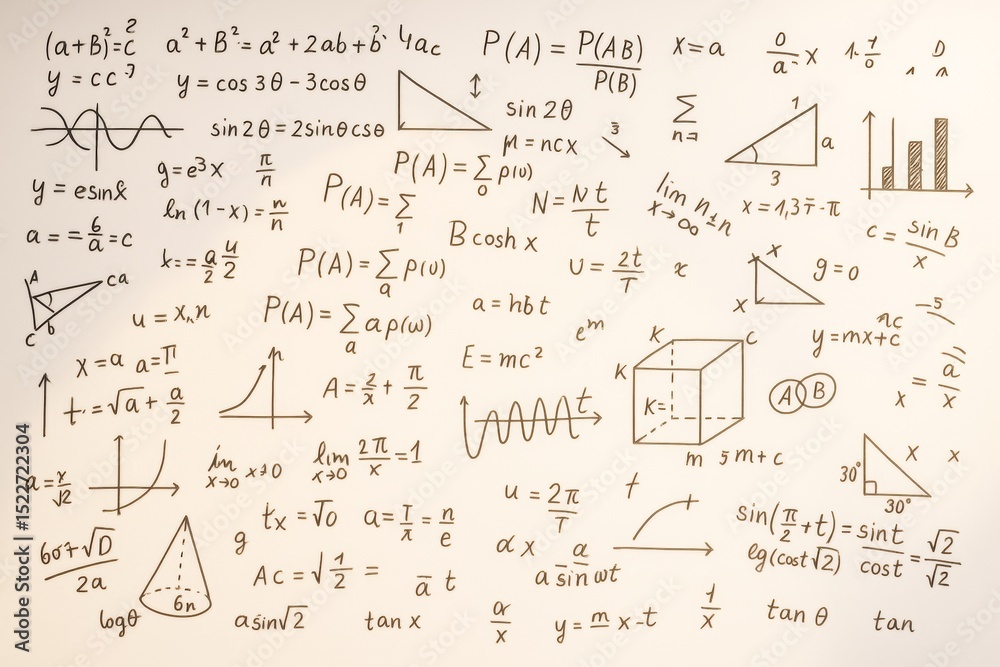 Poster Hand-drawn mathematical formulas and graphs on light background illustrating scientific and educational concepts in clean sketch style.