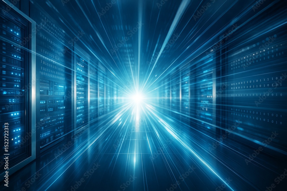 Poster Futuristic data center corridor with glowing digital light beams and binary code on blue technology background, symbolizing data flow and innovation.