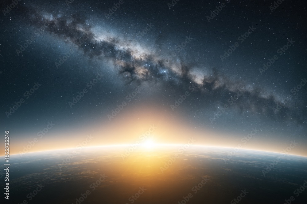 Poster stunning cosmic sunrise over earth with vivid starry milky way in background and glowing atmospheric