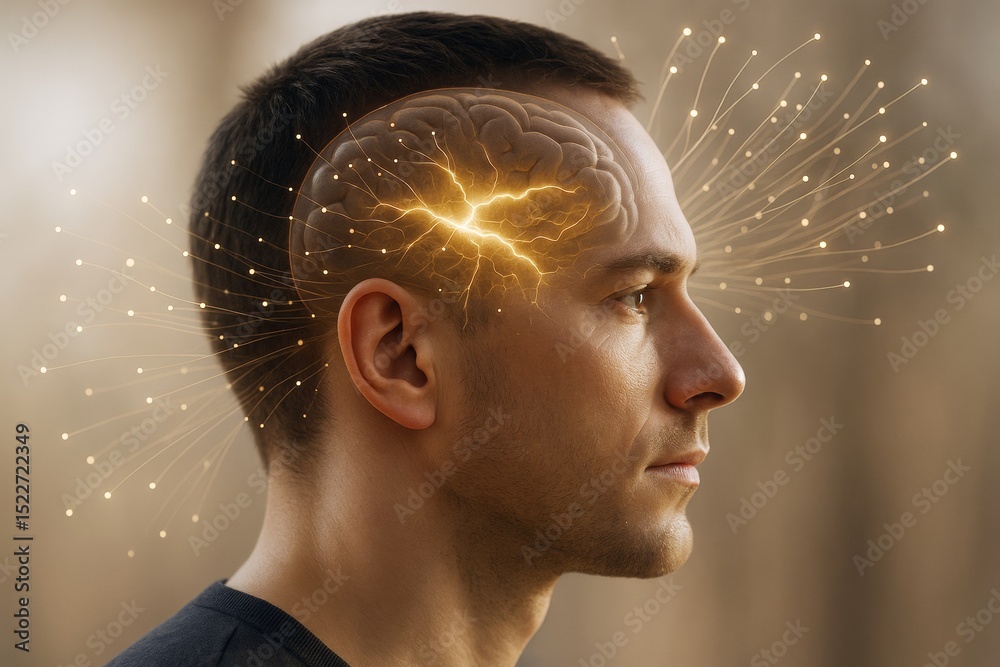 Poster human brain with glowing neural activity and light connections concept on soft background, showcasin