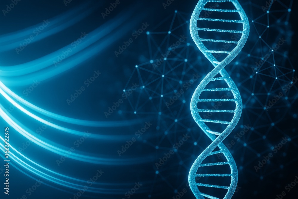 Aufkleber glowing dna double helix with digital mesh and light streaks on dark blue background representing fu