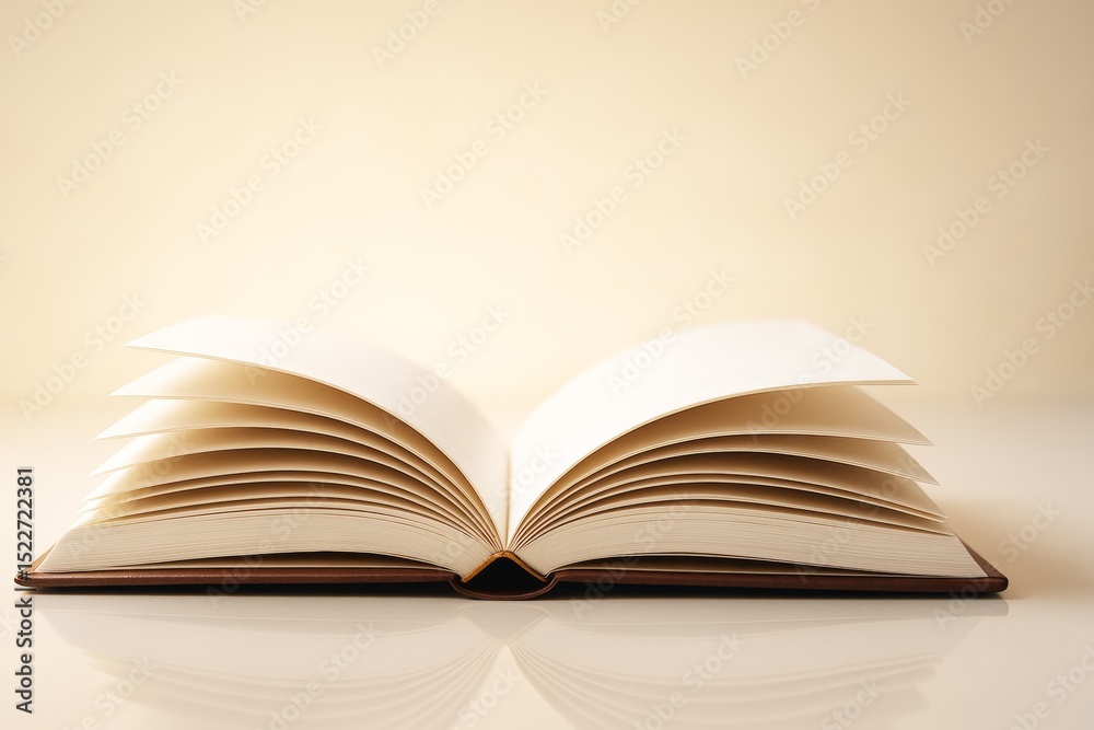 Poster open book with curved pages on glossy surface, warm light background, minimal style, symbol of knowl