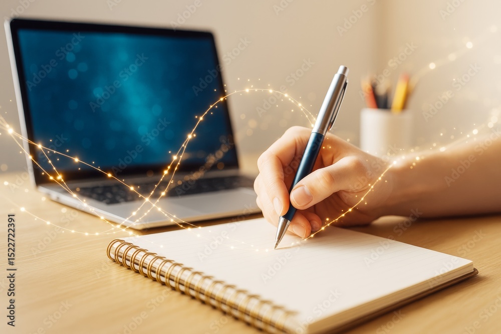 Poster hand writing in notebook with glowing light trails and laptop on wooden desk, symbolizing creativity