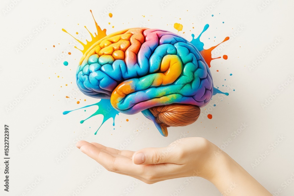 Poster Colorful human brain model floating above open hand with splashes on light background, symbolizing creativity, intelligence, and science.