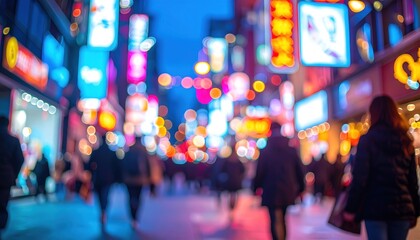 Blurry street view at night with glowing lights and crowds of people walking