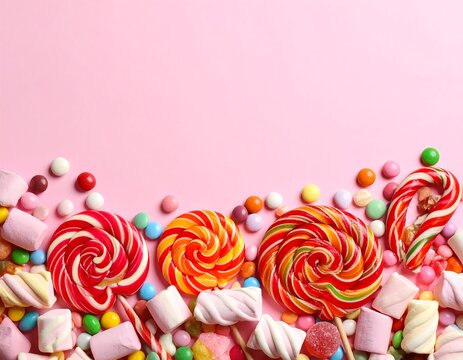 Colorful candy assortment on a pink background - Powered by Adobe