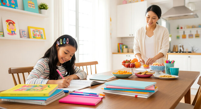 A smiling Asian girl studies at the dining table while her mom prepares food nearby.