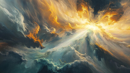 Naklejka premium Breakthrough Ideas: Abstract Light Rays Piercing Clouds Symbolizing Inspiration and Creative Illumination