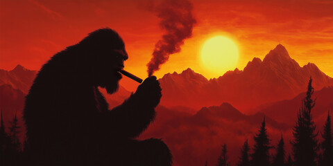 Bigfoot Smokes at Sunset With Psychedelic Hues and Mountain View
