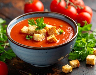 Tomato soup with croutons and fresh herbs in a vintage bowl