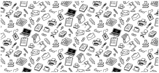 office doodle seamless pattern background hand drawing