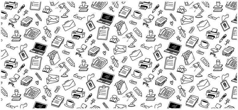 office doodle seamless pattern background hand drawing