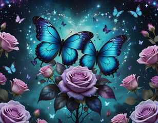 Blue and lilac butterflies and roses on a heart background 