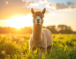 a young alpaca in a wide field. Lama pacos.