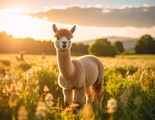 a young alpaca in a wide field. Lama pacos.