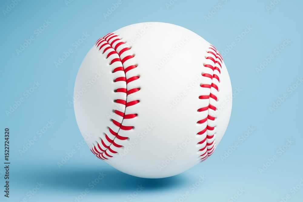 Poster close-up of a white baseball with red stitching floating against a clean light blue background for s