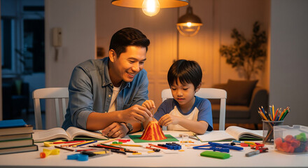 Fototapeta premium An Asian dad and son work together on a school project under a warm evening light at home.
