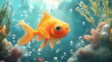 An orange fish glowing in a turquoise sea with bubbles and coral accents. 