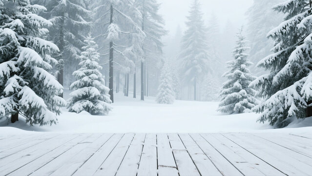 Beautiful winter snowy blurred defocused blue background and empty wooden flooring. Flakes
