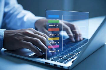 Analyzing Weekly Business Data on Laptop with Transparent Overlay Displaying Progress and Performance Metrics for Informed Decision Making Process
