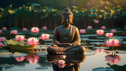 Buddha statue in meditation surrounded by lotus flowers on calm water, traditional Vesak festival in Buddhism