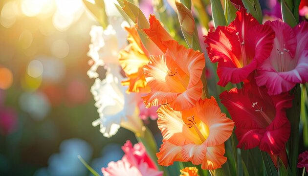 Vibrant gladioli in bloom, radiant sunlight. Soft focus background and delicate petal details