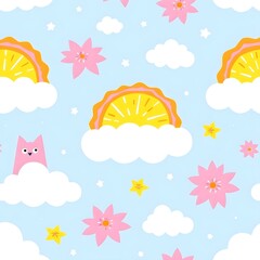 Seamless pattern of cute sky and fluffy clouds