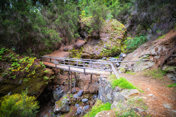 Klapprige Holzbrücke über einem Bachlauf am Hang der Caldera de Taburiente