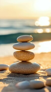 A stack of smooth pebbles balanced on a sandy beach. The background features a calm sea and a warm sunset, creating a serene atmosphere.