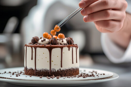 Professional pastry chef using tweezers to carefully position chocolate decorations on a white mousse cake.