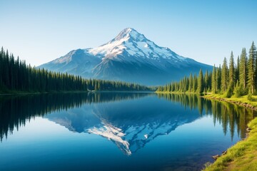 Majestic snow-capped mountain reflected in calm lake with pine forest under clear blue sky in soft morning light, perfect for travel background concept.