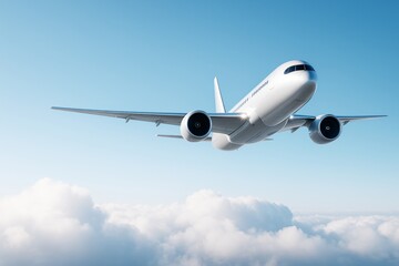 Obraz premium Commercial airplane flying above clouds in bright blue sky with soft sunlight and clear background, symbolizing modern air travel freedom.