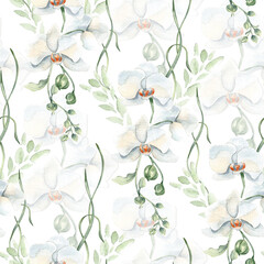 Seamless floral watercolor background with blooming white orchids, buds, and gentle botanical stems leaves hand drawn isolated. Flowers repeated design neutral colors for fabrics and wallpaper.