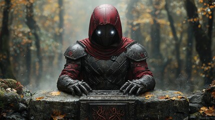 Mysterious hooded figure in dark forest with enchanted box: a fantasy adventure scene
