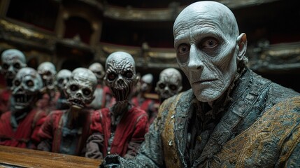 Eerie gathering of zombies in an abandoned theater captures gothic horror atmosphere
